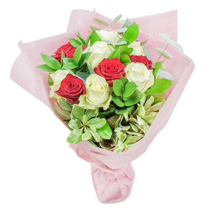 A masterfully arranged bouquet, inspired by the peaceful countryside of North Ockendon, showcases twenty magnificent roses-ten deep red, embodying love and devotion, ten creamy white, reflecting purity. Each rose, with its plush, unfurled petals, is at the peak of freshness, surrounded by an abundant halo of greenery: lustrous ruscus, pale round leaves, airy eucalyptus, and delicate variegated foliage that stir memories of the community's lush floral hedgerows. Against a clean white background, the meticulous layering of roses and foliage creates striking depth, the roses' vibrant hues playing off the greens and creams for an inviting, harmonious presence. All is wrapped in soft, pastel pink floral paper, gently gathered to set a romantic tone, much like a cherished letter or a keepsake from a celebration in the heart of North Ockendon. The bouquet evokes the tranquil beauty of local gardens, making it a natural choice for love-filled anniversaries, heartfelt congratulations, or spontaneous moments of appreciation. Handcrafted with precision by a local florist, this arrangement speaks to the artistic spirit and warmth of Ockendon life-welcoming for any occasion, thoughtfully delivered across RM14.