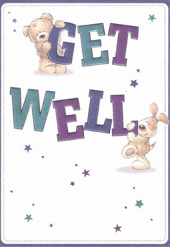 This North Ockendon-inspired get well card is a celebration of kindness, featuring an affectionate teddy and an exuberant puppy joyously engaged with the oversized, colourfully lettered words 'Get Well.' The cuddly bear clasps the topmost letter with supportive strength, while the playful puppy's expressive face brings a note of pure optimism-much like spotting bouquets of vibrant blooms while walking past village shops near Fen Lane. The deep indigo and teal hues that fill the bold, buoyant letters stand out confidently against a creamy backdrop, radiating the freshness of a riverside morning. Spangled among the scene are twinkling stars-daubs of purple and blue recalling tiny filler flowers often sprinkled among local bouquets. Every brushstroke is tender and intentional, the illustrated textures evoking the warm, tactile sensation of soft fur and gentle affection. The design nods to the nurturing touch of a North Ockendon florist assembling blooms to encourage and comfort. Presented hand-in-hand with a bouquet, this card offers a tangible reminder of community care and hope for brighter days.