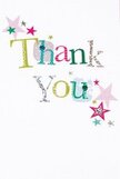 Soft, sincere joy radiates from this thank you card-a harmonious blend of colour, texture, and celebration which feels distinctly North Ockendon. The words 'Thank You' unfold in lively, artful lettering-a cheerful procession of sparkling silver, sunny yellow, gentle greens, and happy blue, each character detailed with dots and stitched flourishes reminiscent of handcrafted keepsakes beloved in the local area. Scattered across the white backdrop, stars in shades of pink, turquoise, and silver bring a sense of festive delight, like a neighbourly street party near the cricket green. The arrangement of letters and motifs creates a light, buoyant feeling-open, inviting, and never overwhelming-allowing gratitude to shine through. Picture this card nestled alongside a bouquet, ready for delivery anywhere in North Ockendon; its message goes beyond words, capturing the essence of heartfelt thanks among friends and neighbours.